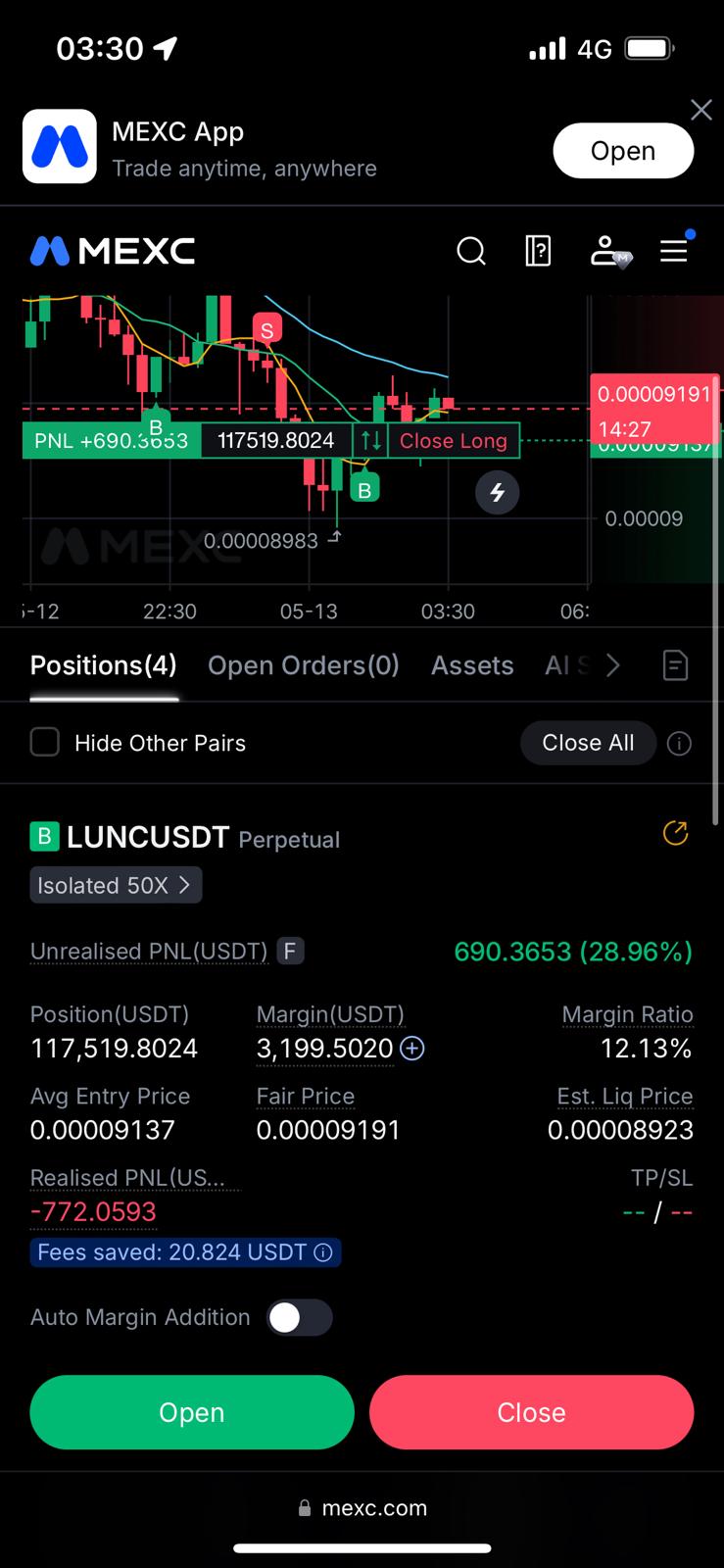 LUNC Long 50x · +28.96% (live position +$690)
