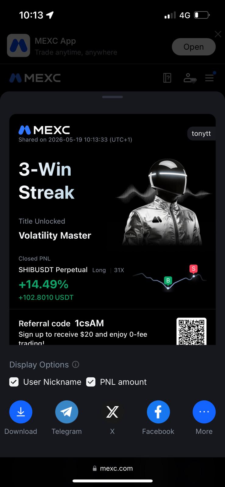 SHIB Long 31x · +14.49% (+$103) · Volatility Master