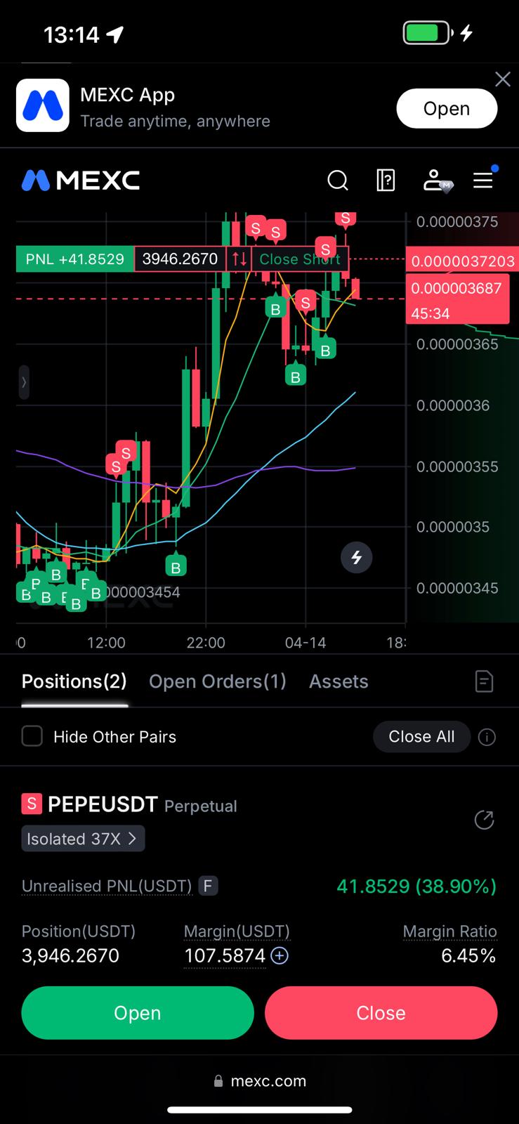 PEPE Short · Close Short · +8.75% day
